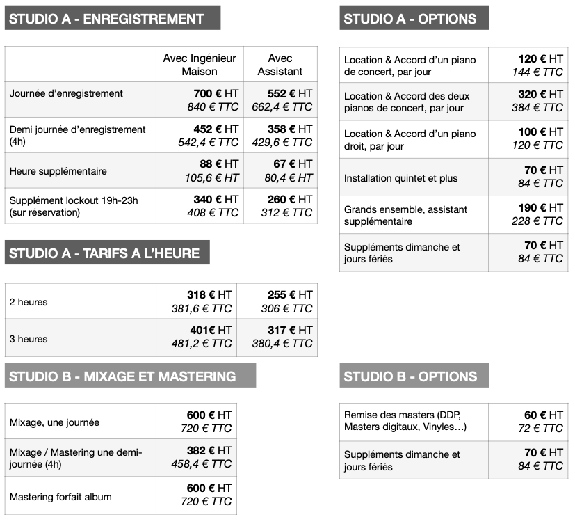 Tarifs studio de Meudon 2024